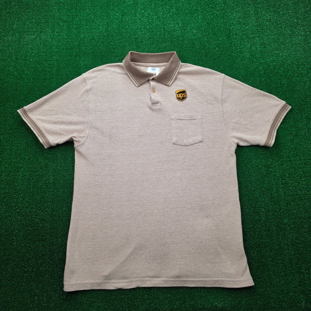 UPS Employee Polo Shirt Mens‎ Large Brown Tan Uniform Work Wear Short Sleeve